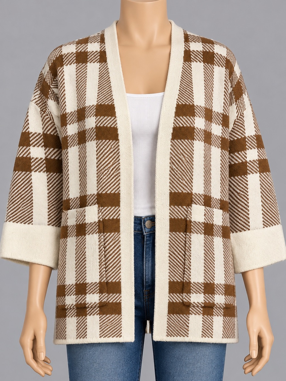 Main Strip M/L Brown Ivory Plaid Chunky Knit Cardigan NWT